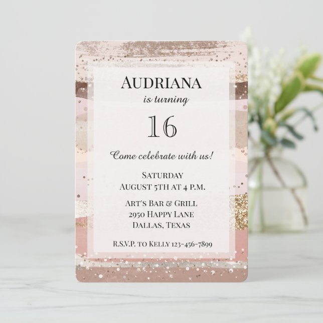 Blush Rose Pink Chocolate Gold Glitter Birthday Invitation (Standing Front)