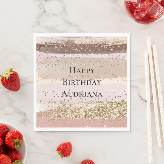 Blush Rose Pink Chocolate Gold Glitter Birthday Napkin (Insitu)