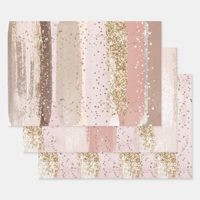 Blush Rose Pink Chocolate Gold Glitter Birthday Wrapping Paper Sheet (Set)