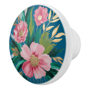 Blush & Rose Pink Florals with Gold Accents Ceramic Knob
