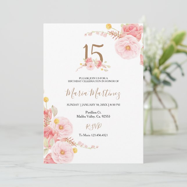 Blush Rose Pink Flowers 15th Birthday  Invitation (Standing Front)