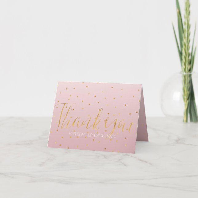 Blush Rose Pink Gold Confetti Sparkle Bridesmaid Thank You Card (Front)