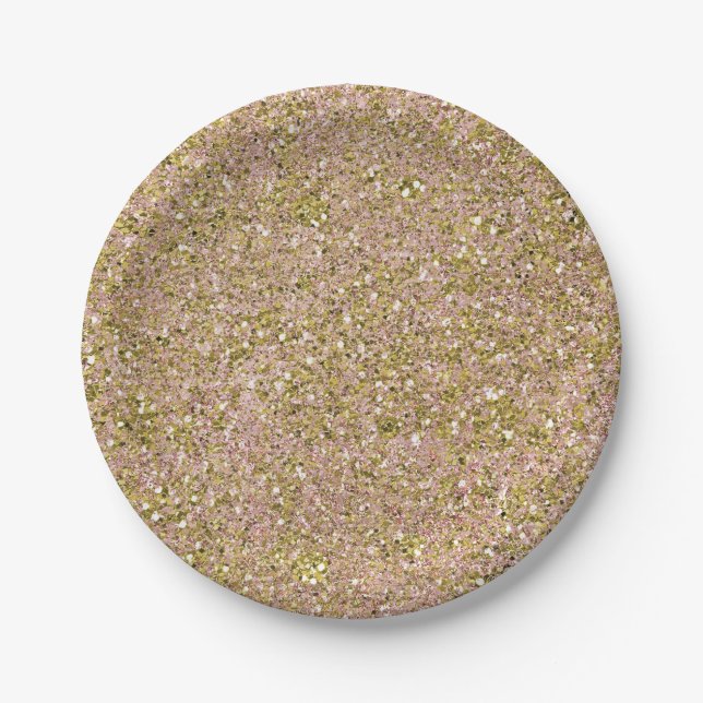 Blush Rose Pink & Gold Glam Glitter Party Sparkle Paper Plate (Front)