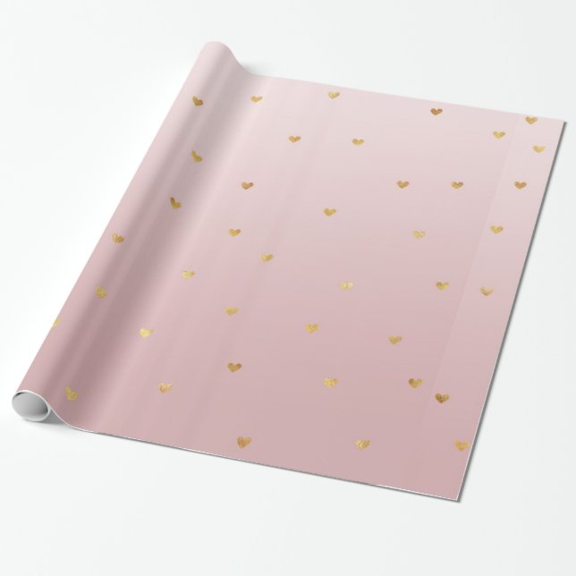 Blush Rose Pink Ombre Gold Hearts Wrapping Paper (Unrolled)
