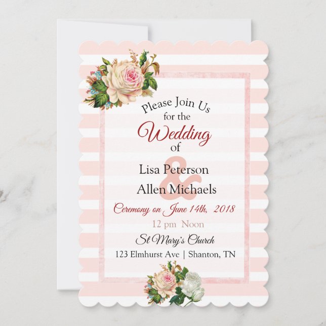 Blush Rose Pink Striped Floral Wedding Invitation (Front)