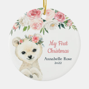 Blush Rose Polar Bear Baby's 1st First Christmas Ceramic Tree Decoration