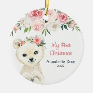 Blush Rose Polar Bear Baby's 1st First Christmas Ceramic Tree Decoration