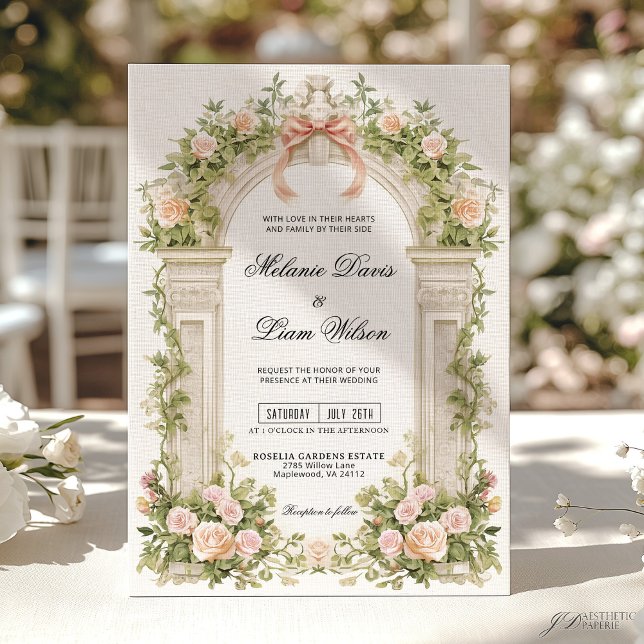 Blush Rose Ribbon Vintage Garden Wedding Invitation (Creator Uploaded)