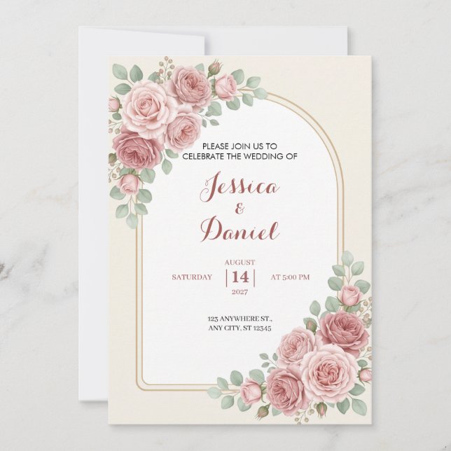 Blush Rose Romantic Floral Arch Wedding Invitation (Front)