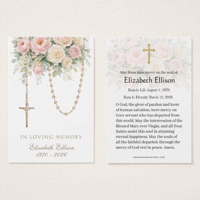 Blush Rose Rosary Draped Memorial Prayer (Front & Back)