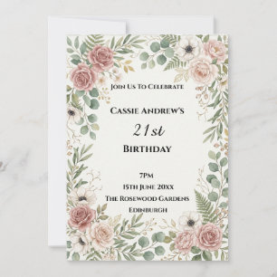 Blush Rose Sage Wreath Birthday Invitation