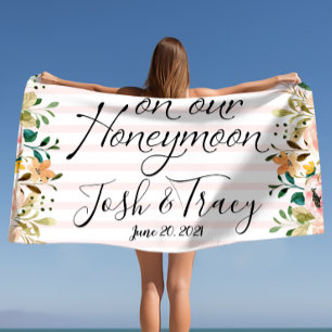 Blush Rose Stripes Honeymoon Newlyweds Custom Beach Towel