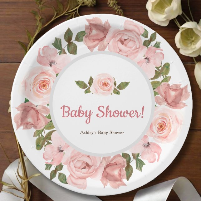 Blush Rose Watercolor Floral Baby Shower Paper Plate (Creator Uploaded)