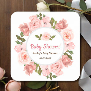 Blush Rose Watercolor Floral Baby Shower Square Paper Coaster