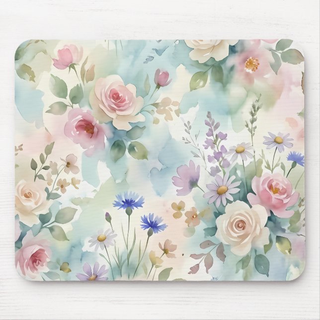 Blush Rose Watercolor Floral Mouse Mat (Front)