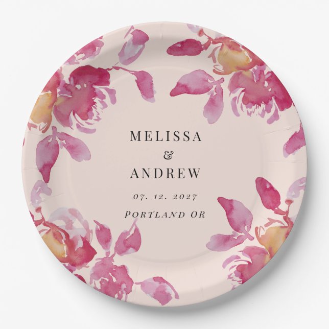 Blush Rose Watercolor Modern Wedding Paper Plate (Front)