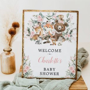 Blush Rose Woodland Animals Baby Shower Welcome Poster