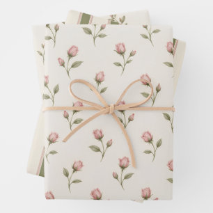 Blush Rosebuds, Bows & Olive Stripes Wrapping Pape Paper Sheet