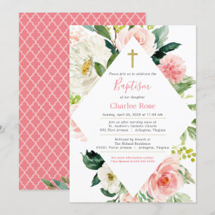 Blush Roses Baby Baptism and Brunch Pink & White Invitation