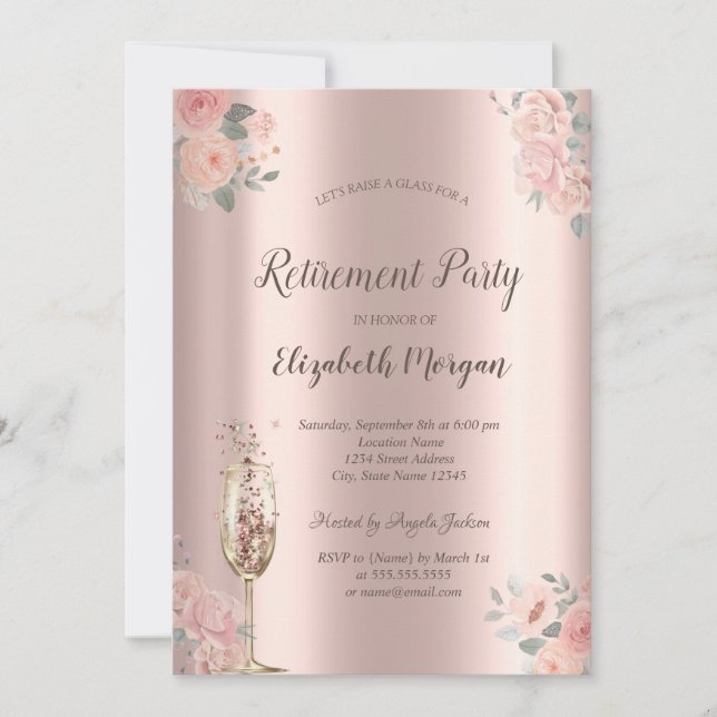 Blush Roses,Champagne Glass,Rose Gold Retirement Invitation (Front)
