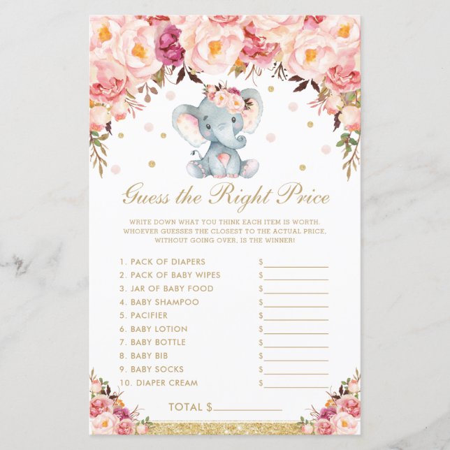 Blush Roses Elephant Guess the Right Price Game  (Front)
