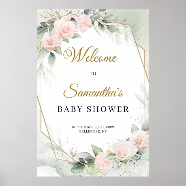 Blush roses eucalyptus gold Baby Shower welcome Poster (Front)
