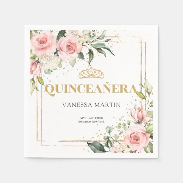 Blush roses eucalyptus gold tiara 15th birthday napkin (Front)