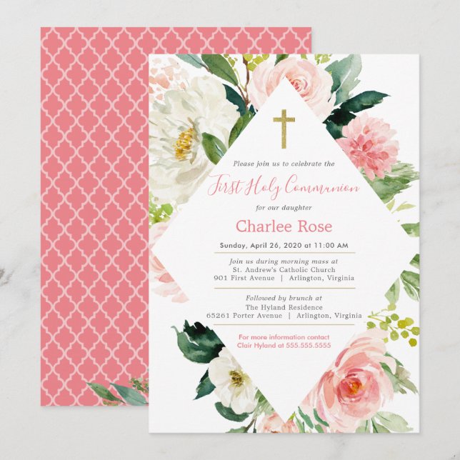 Blush Roses First Communion & Brunch Pink & White Invitation (Front/Back)
