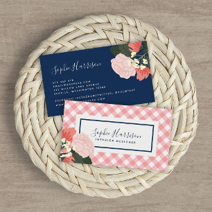 Blush Roses Floral and Blush Coral Gingham Business Card