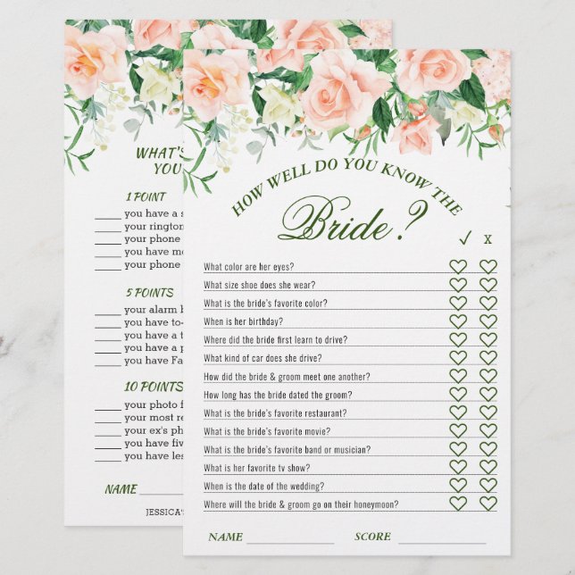 Blush Roses Floral Double-Sided Bridal Shower Game (Front/Back)