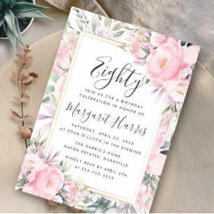 Blush Roses Floral Gold Frame 80th Eighty Birthday Invitation