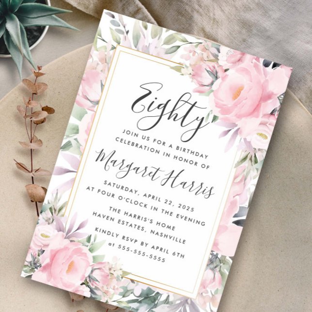 Blush Roses Floral Gold Frame 80th Eighty Birthday Invitation (Creator Uploaded)