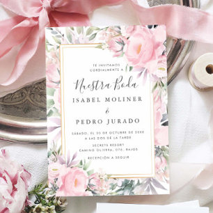 Blush Roses Floral Nuestra Boda Spanish Wedding Invitation