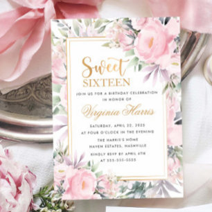 Blush Roses Floral Sweet Sixteen 16 Birthday Invitation