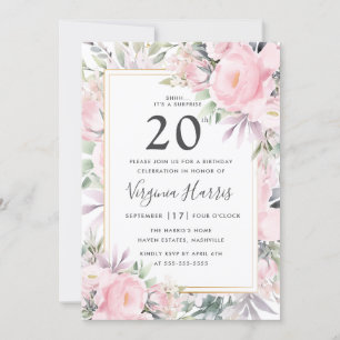 Blush Roses Floral Twenty 20th Birthday Invitation