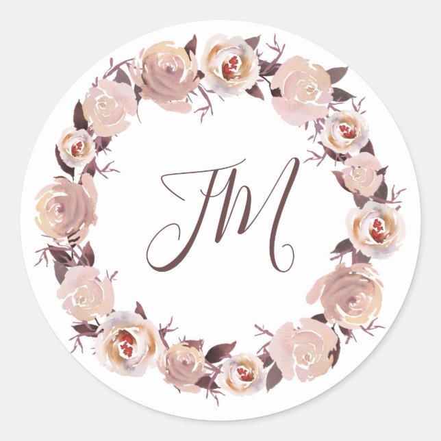 Blush Roses Floral Wreath Monogram Wedding Classic Round Sticker (Front)