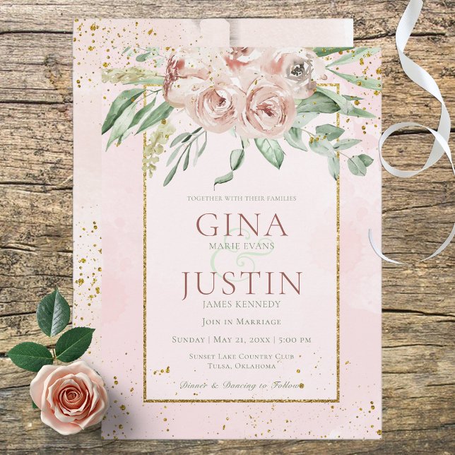 Blush Roses & Gold Accents Wedding Invitation (Creator Uploaded)