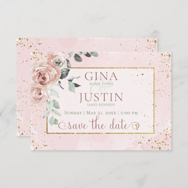 Blush Roses & Gold Accents Wedding Save The Date (Front/Back)