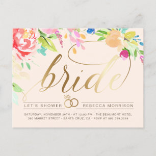 Blush   Roses & Gold Diamond Ring Bridal Shower Invitation Postcard