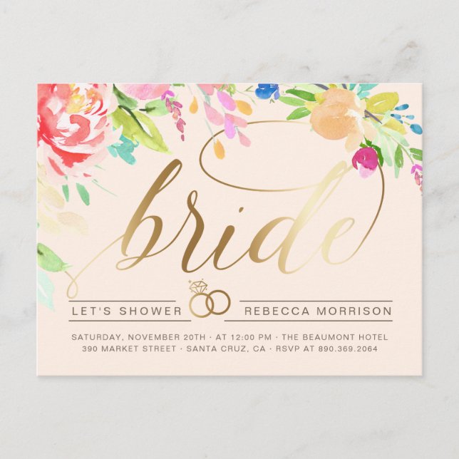 Blush | Roses & Gold Diamond Ring Bridal Shower Invitation Postcard (Front)