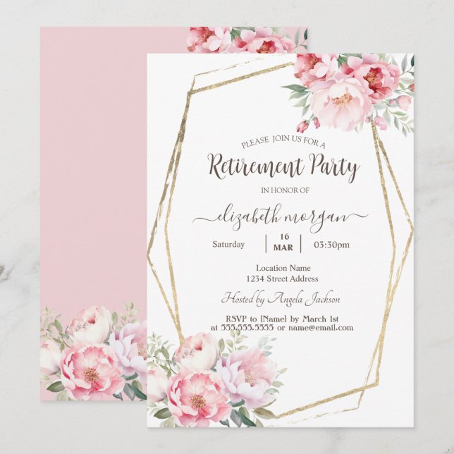 Blush Roses Gold Frame Retirement     Invitation (Front/Back)