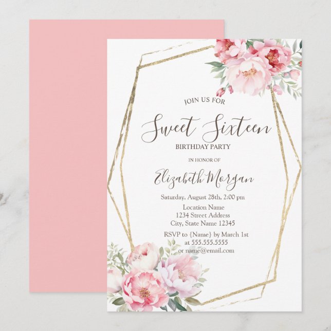 Blush Roses Gold Frame Sweet 16 Invitation (Front/Back)