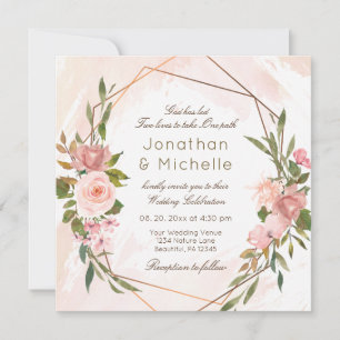 Blush Roses Gold Geometric Frame Christian Wedding Invitation