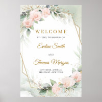 Blush roses greenery gold frame wedding welcome