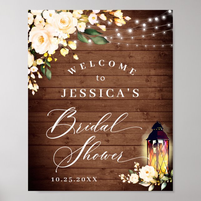 Blush Roses Lantern Rustic Wood Bridal Shower Poster (Front)