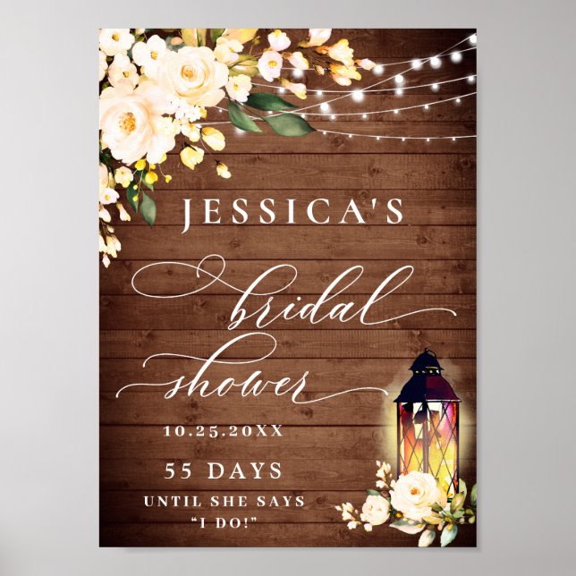 Blush Roses Lantern Rustic Wood Bridal Shower Poster (Front)