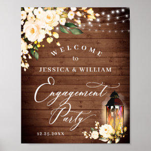 Blush Roses Lantern Rustic Wood Engagement Party Poster
