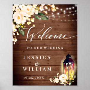 Blush Roses Lantern Rustic Wood Welcome Wedding Poster