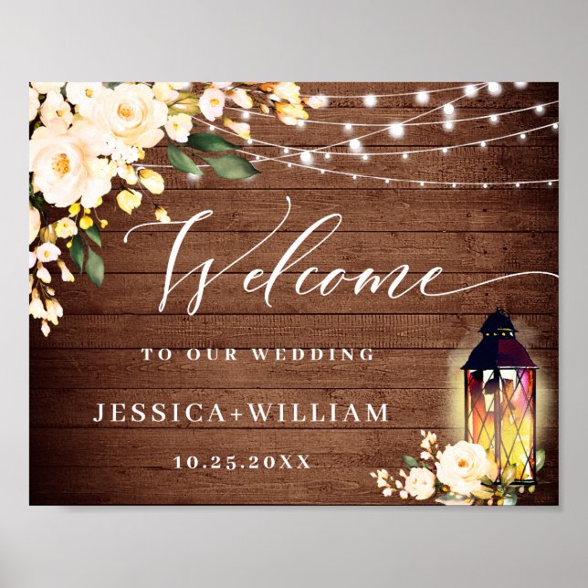 Blush Roses Lantern Rustic Wood Welcome Wedding Poster (Front)