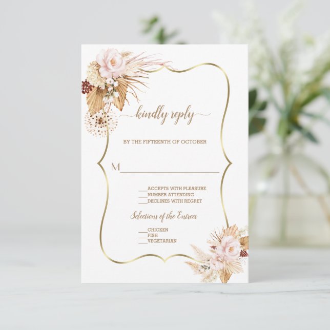 Blush Roses Palm Pampas Grass Gold Wedding RSVP Card (Standing Front)